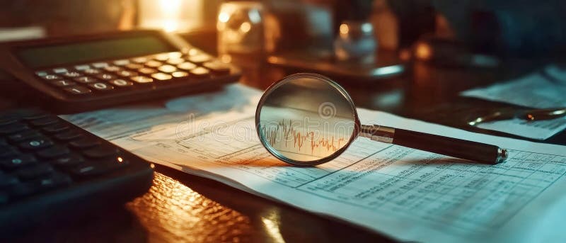 Exploring stock trends through magnification in a rustic office setting with financial tools stock illustration