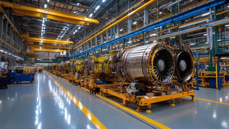 Exploring the Vast and Intricate Machine Room of a Cutting-Edge Aircraft Manufacturing Plant in the Heart of the Industrial Zone royalty free illustration