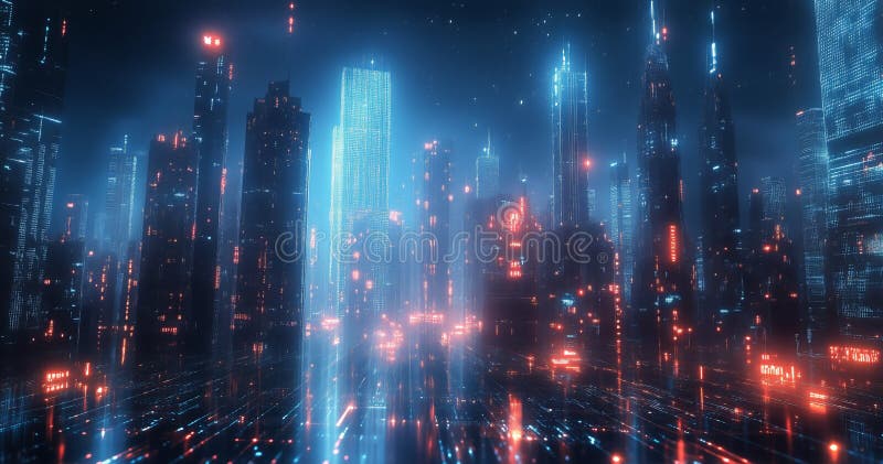 Exploring a Vibrant Digital Cityscape Filled With Glowing Data Streams and Futuristic Lights royalty free stock photo