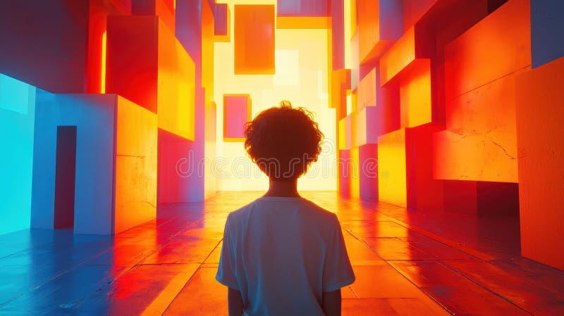 Exploring vibrant dimensions young dreamer in futuristic landscape digital art surreal environment stock photo