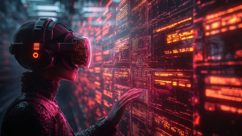 Exploring a virtual reality cybersecurity interface with interactive data visualization at night stock illustration
