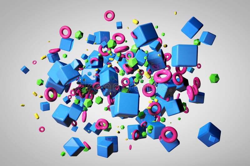 Explosie van verschillende 3D voorwerpen in lege ruimte vector illustratie Explosie van verschillende 3D voorwerpen in lege ruimte vector illustratie