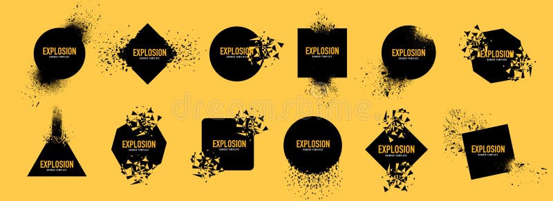 Explosion abstract geometric shapes. Explosion destruction, shattered geometric shapes. Abstract shatter burst. Set of broken stock illustration