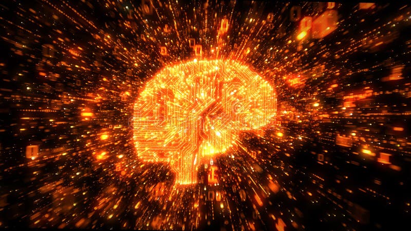 Explosion of binary data around orange brain illustrated as digital circuitry vector illustration Explosion of binary data around orange brain illustrated as digital circuitry vector illustration