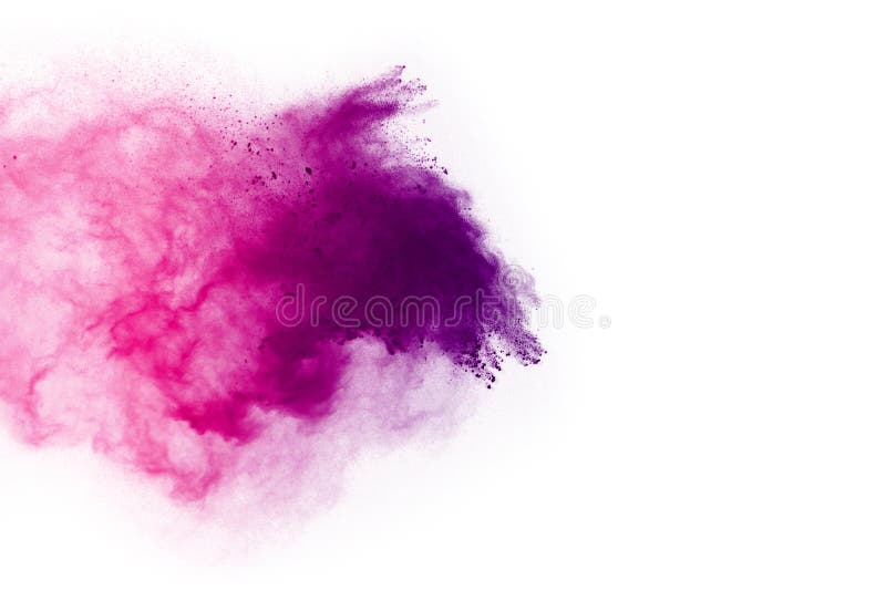 Bùng nổ bột màu trên nền trắng, màu tím và hồng - Hình ảnh này sẽ mang đến cho bạn cảm giác sự sống động và tươi mới. Những hạt bụi màu tím và hồng bùng nổ trên nền trắng sẽ kích thích trí tưởng tượng của bạn.