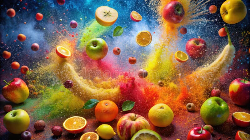 Explosion de fruits vibrants une symphonie colorée de pommes, d'oranges et de bananes dans une explosion de teintes en poudre. IA illustration de vecteur
