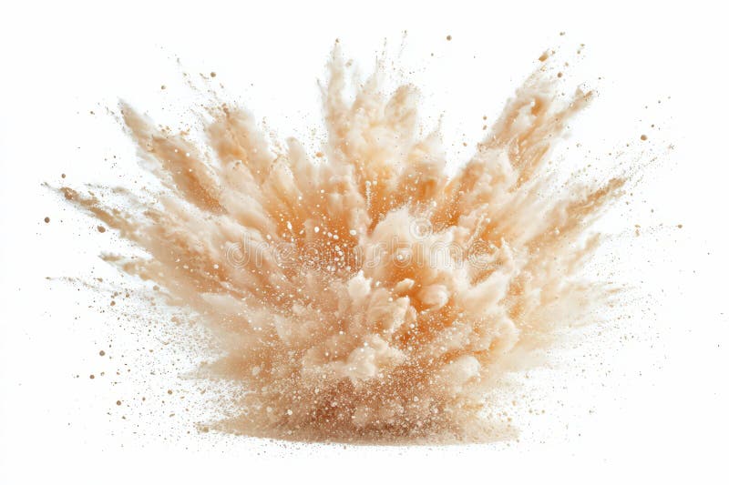 Explosion de sable dans les tons chauds particules volantes à haute énergie isolée sur fond blanc et croustillant. IA générative