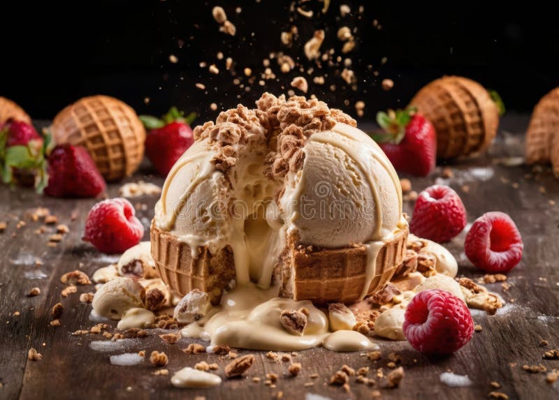 An Explosion of Delicious Ice Cream, Ice Cream Balls and Fruits, a