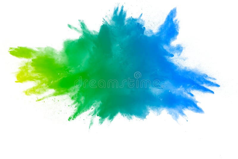 Explosion des grün-blauen Farbpulvers auf weißem Hintergrund