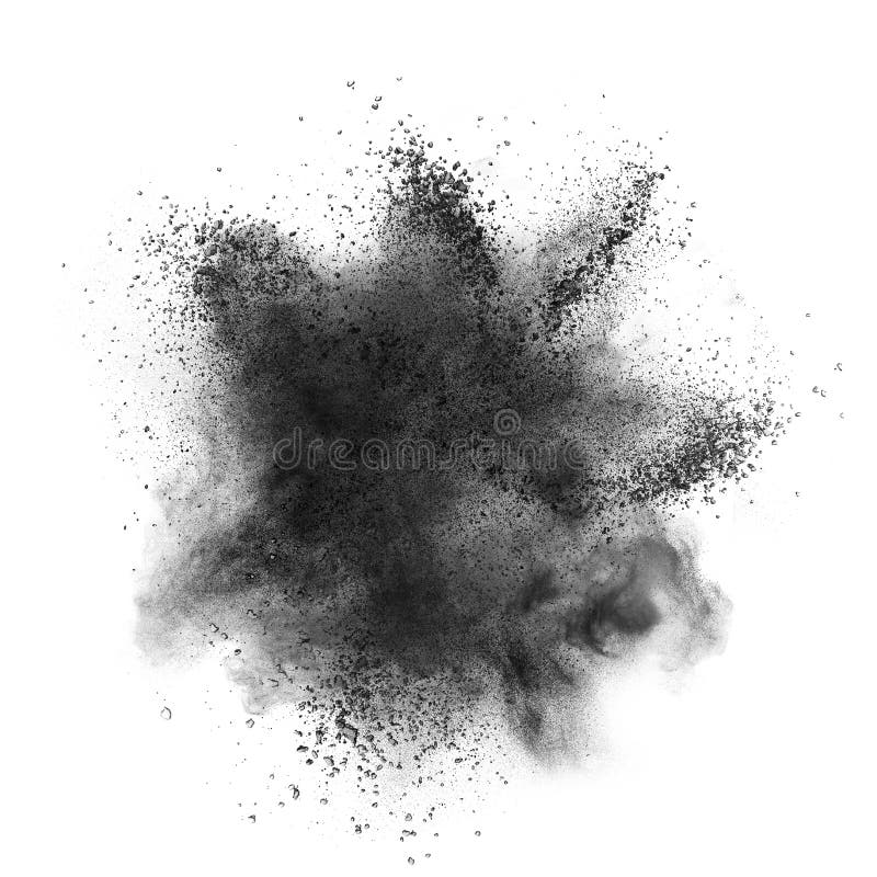 Explosion för svart pulver som isoleras på vit