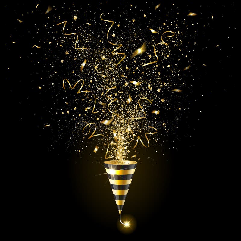 Explosion Golden Party Popper with Gold Confetti Stock Vector