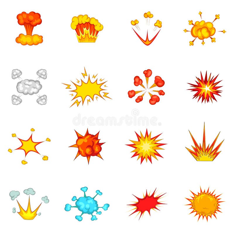 Explosion icons set, cartoon style