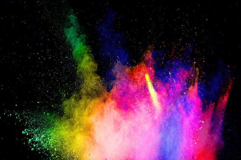 Explosion multicolore de poudre sur le fond noir Fond texturisé de particules de poussière colorées abstraites