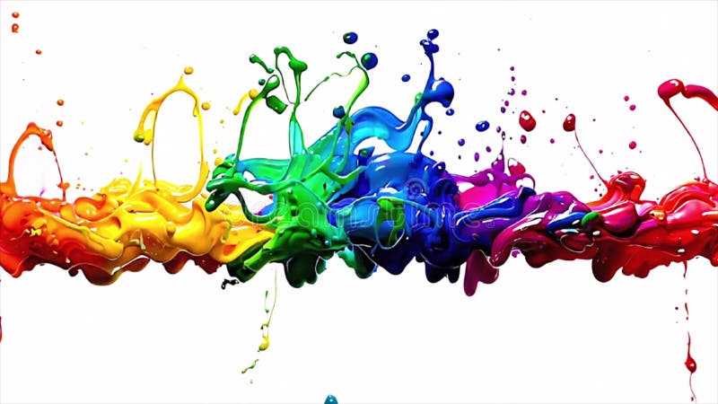 Explosion of multicolored paint splashes. Dynamic rainbow colored liquid motion against white background. Slow motion royalty free illustration