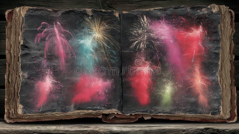 Explosiones de fuegos artificiales en páginas de libros antiguos con fondo oscuro y textura rústica. Una imagen encantadora de un libro antiguo abierto con coloridas explosiones de fuegos artificiales retratadas en las páginas creando una atmósfera festiva y mágica