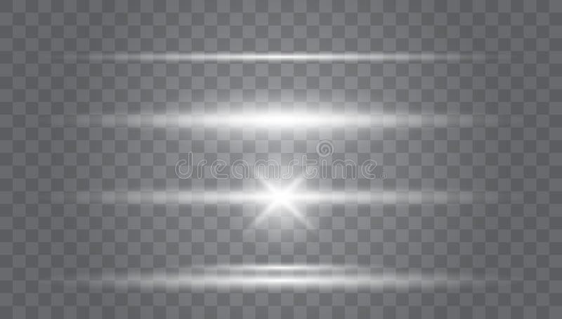 Explosions lumineuses. La lumière éclatante explose sur un fond transparent Poutres laser, rayons lumineux horizontaux Belles éruptions lumineuses Flux de lentilles transparent Flux futuriste dynamique pour la conception, la bannière, le cadre, le bouton
