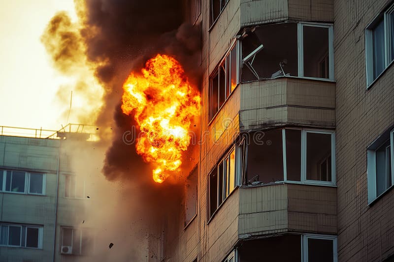 Explosionsengulfs Wohngebäude in massivem Feuer lizenzfreie abbildung