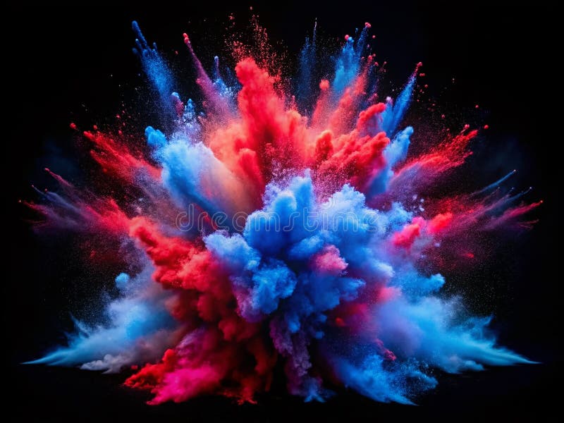 Explosive Abstract Design Dynamic Red Blue and Purple Powder Burst on a Striking Black Background for Modern stock illustration
