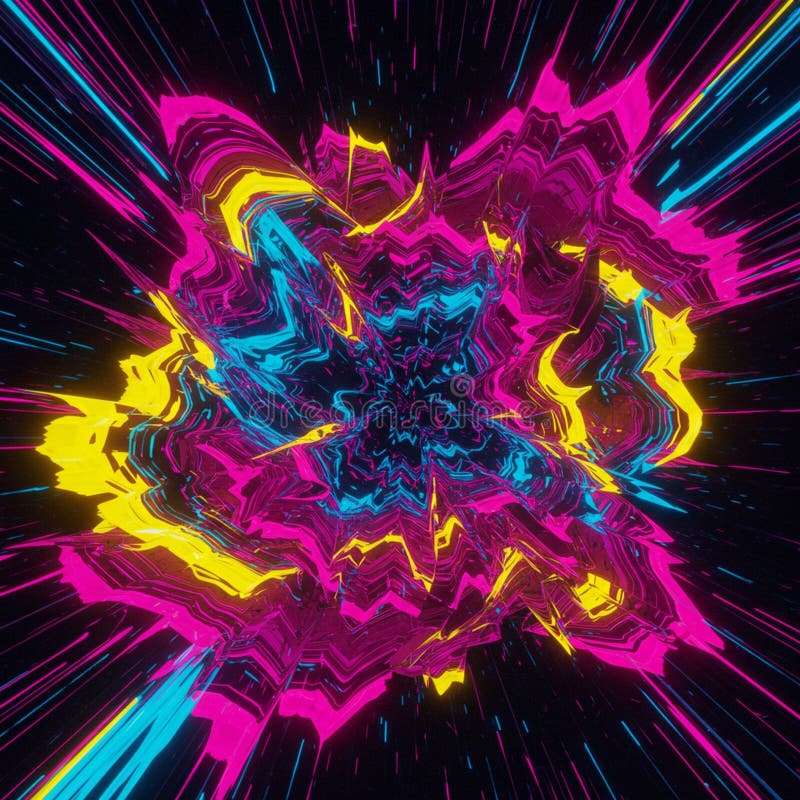 Explosive abstract design with vibrant neon colors. Central swirling pattern features stock illustration