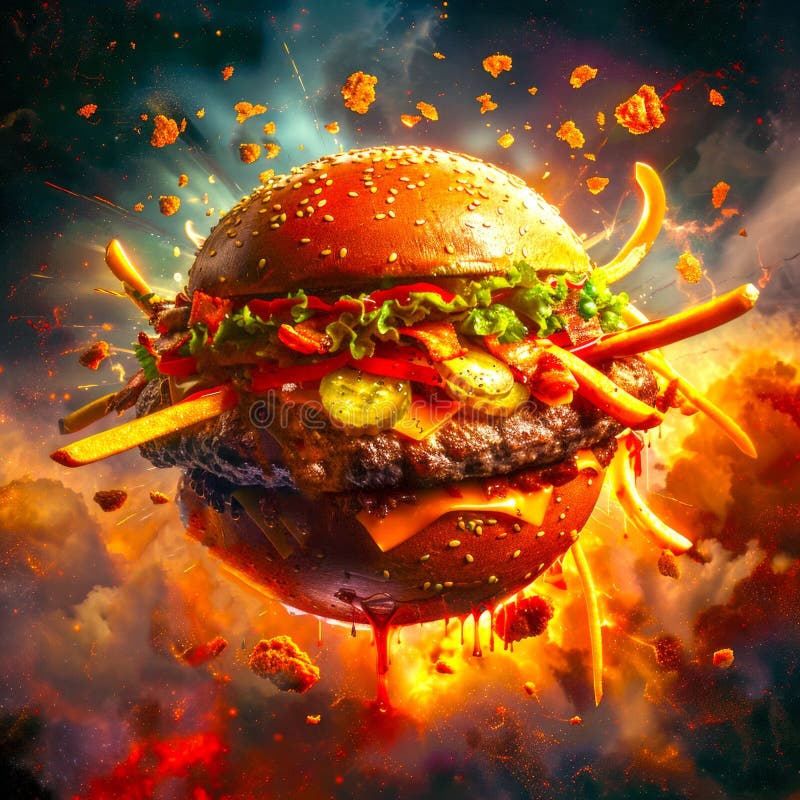 Concept burger exploziv artă cu culori vibrante și compoziție dinamică. ideal pentru promovări și proiecte creative stock image