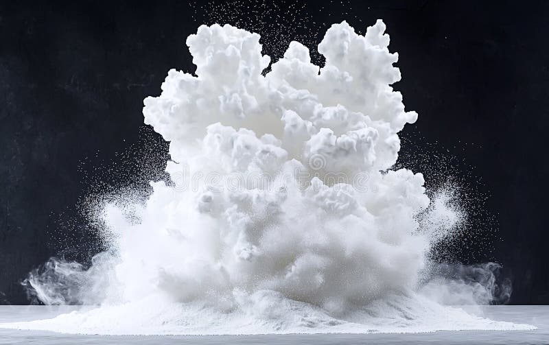 Explosive burst of white powder creating clouds in a dark background during a creative art experiment stock image