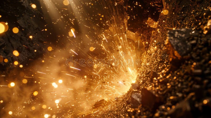 Explosive Moment as Sparks Fly and Dust Rises From a Gold Mining Site During Daylight Hours. Generative AI stock photos