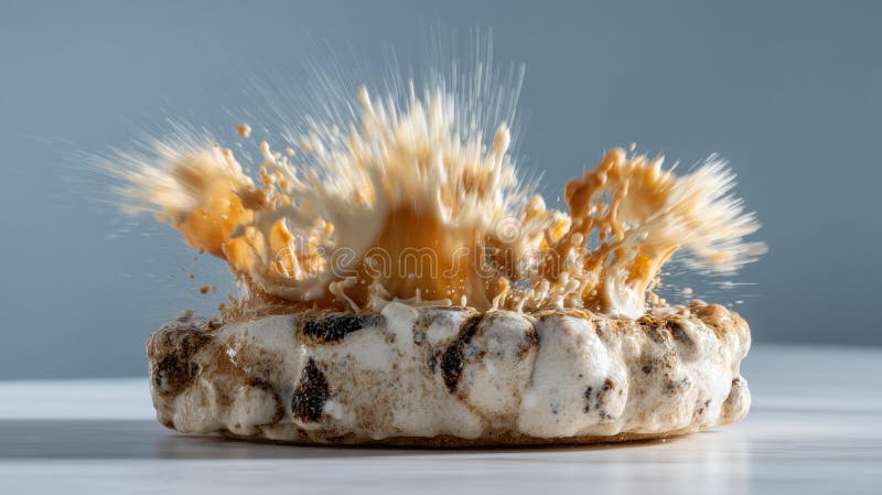 Explosive Moment Captured as Dessert Splashes Caramel Sauce Across the Surface stock photography