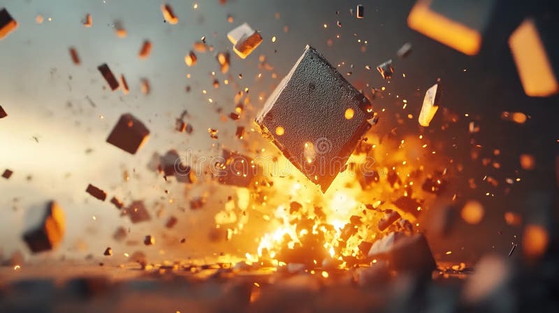 An explosive moment captured as metallic cubes scatter amidst fiery sparks in a dramatic display of energy stock photography