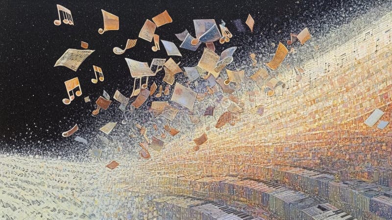 Explosive Symphony of Notes and Sheets in Motion stock illustration