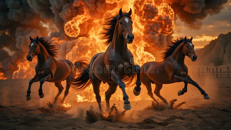 Crimson Charge: Triple Mustangs Racing Through Inferno royalty free illustration
