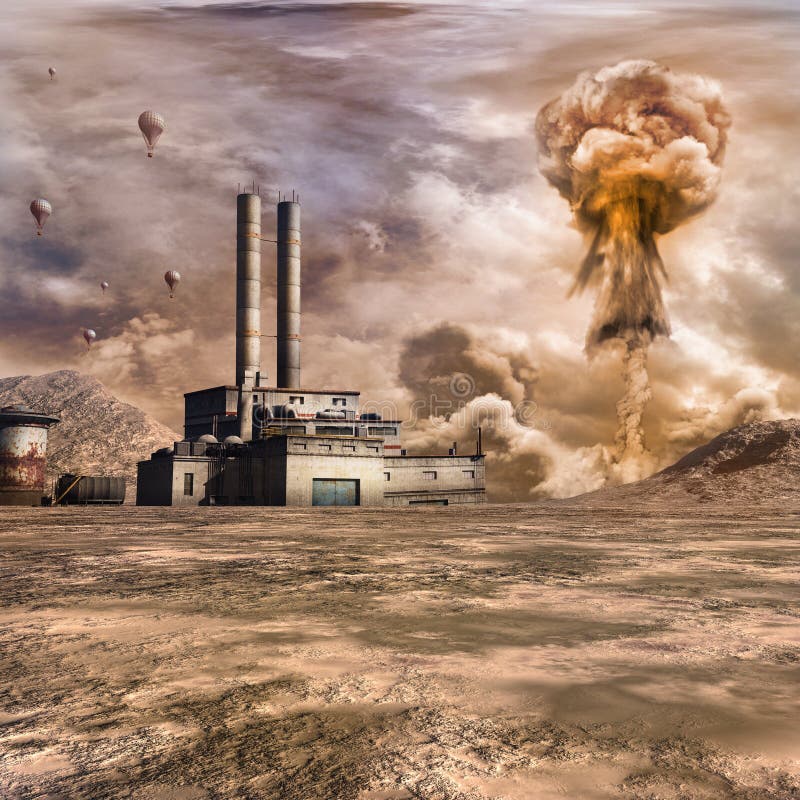 Explosión nuclear cerca de la fábrica ilustración del vector Explosión nuclear cerca de la fábrica ilustración del vector