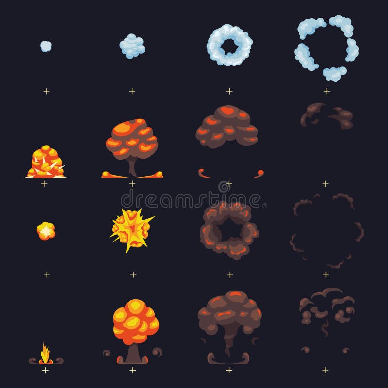 A explosão cômica da explosão do crescimento com animação do fx da chama e do fumo molda a coleção do vetor dos duendes ilustração royalty free A explosão cômica da explosão do crescimento com animação do fx da chama e do fumo molda a coleção do vetor dos duendes ilustração royalty free