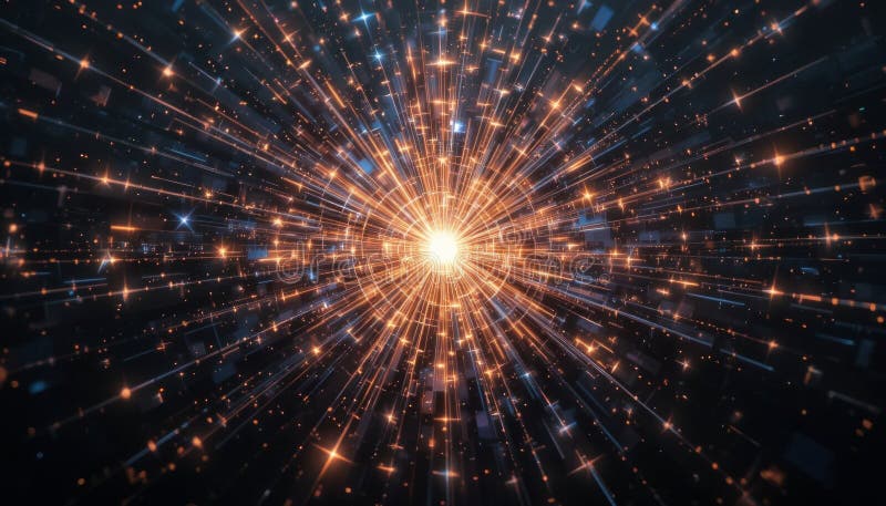 Explozie abstractă de lumină și energie : un univers digital de raze spumante și particule strălucitoare vector illustration