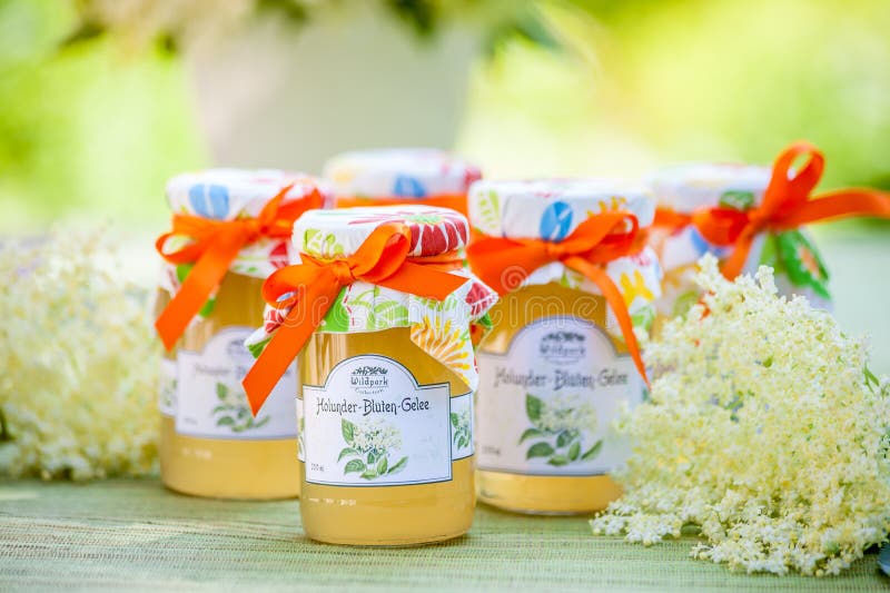 Exponeringsglas med elderflowerblommagelé fotografering för bildbyråer