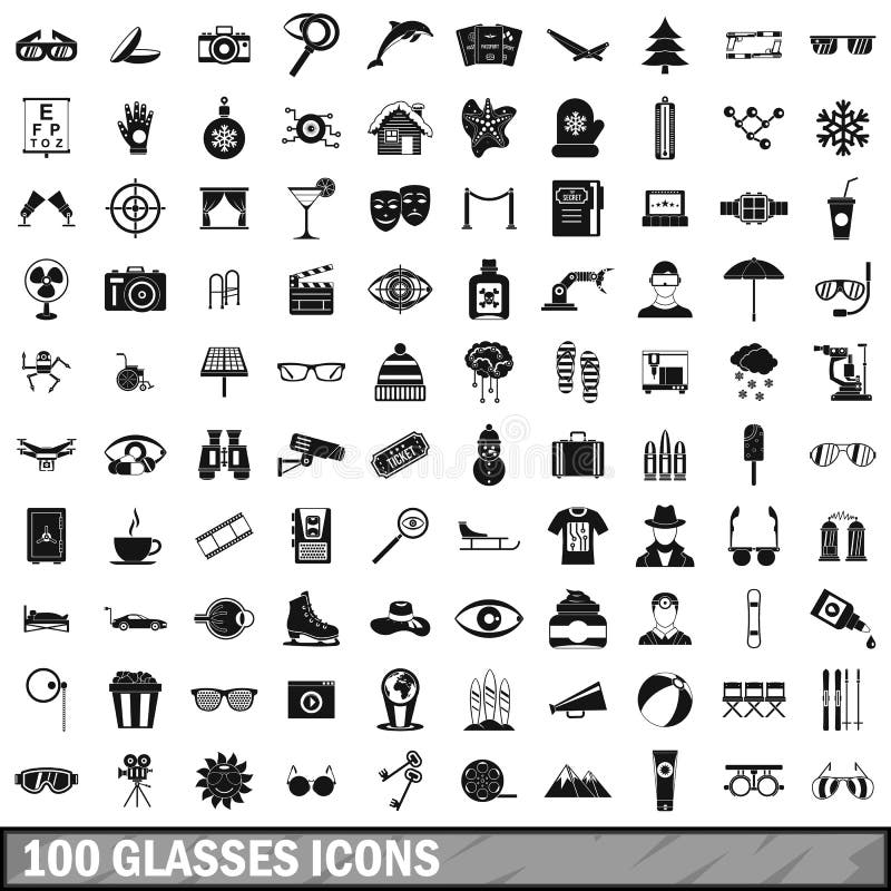 100 exponeringsglas symbolsuppsättning, enkel stil royaltyfri illustrationer 100 exponeringsglas symbolsuppsättning, enkel stil royaltyfri illustrationer