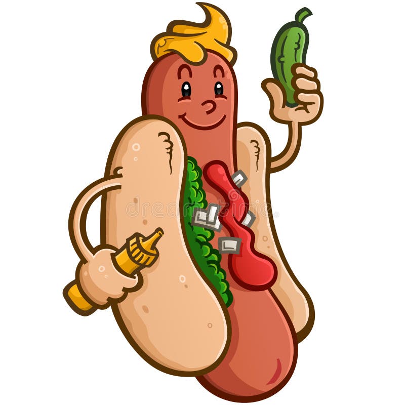 A stylish hot dog holding a mustard squirter and a delicious dill pickle vector clip art drawing. Pickle relish vectors
