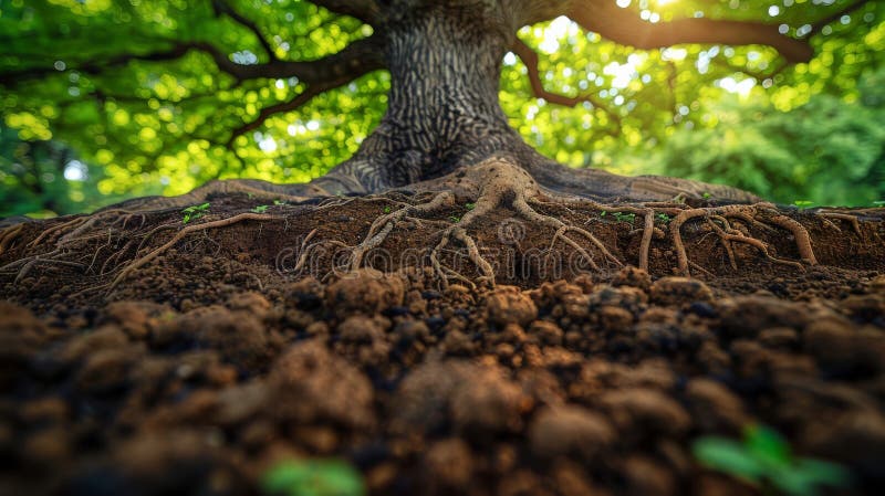Exposed tree roots on a forest floor stock photo