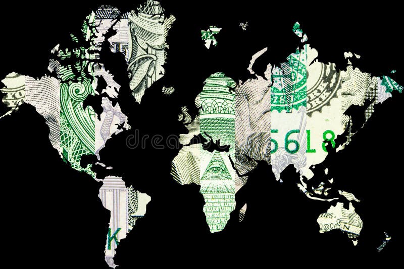 Exposición doble con el mapa del mundo y collage americano del dólar como fondo stock de ilustración Exposición doble con el mapa del mundo y collage americano del dólar como fondo stock de ilustración