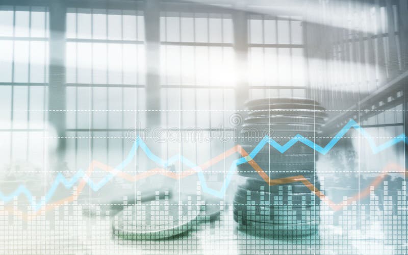 Exposição dobro da cidade e fileiras das moedas com estoque e gráfico financeiro sobre Escrita em uma tela virtual Conceito do in fotografia de stock Exposição dobro da cidade e fileiras das moedas com estoque e gráfico financeiro sobre Escrita em uma tela virtual Conceito do in fotografia de stock