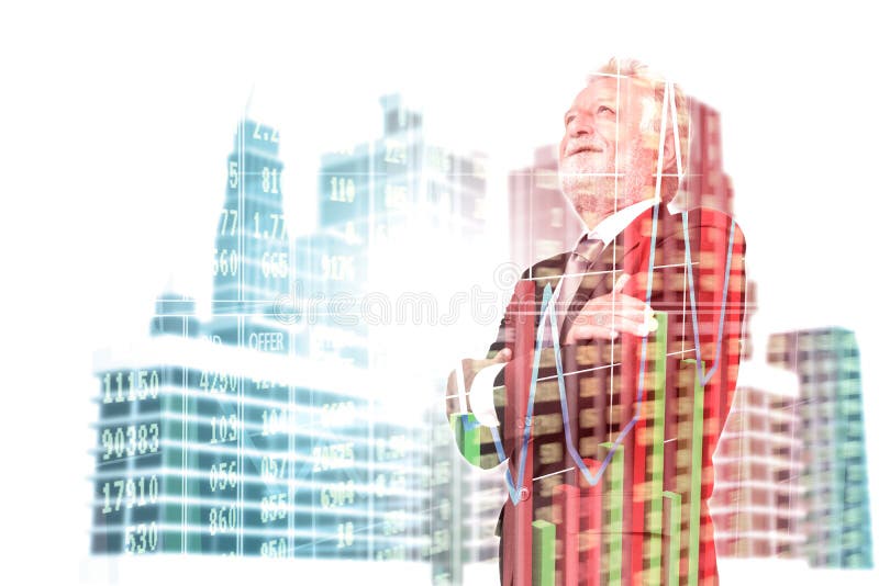 Exposição dobro do homem de negócios do alto executivo no terno com modificação imagem de stock Exposição dobro do homem de negócios do alto executivo no terno com modificação imagem de stock