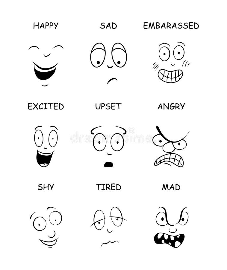  Expresiones De La Cara Con Los Nombres Para El Cómic, Personaje De Dibujos Animados Aislado En Blanco Ilustración del Vector
