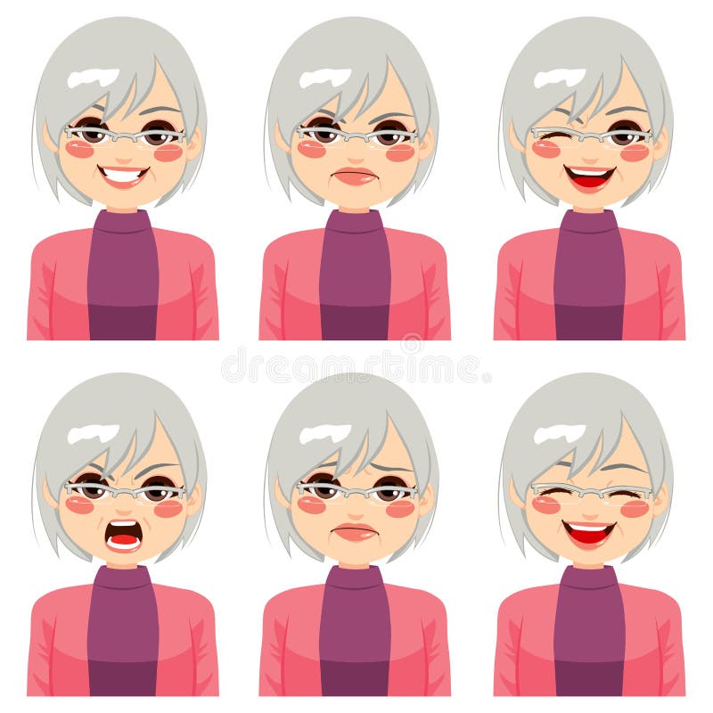 Expresiones mayores de la cara de la mujer ilustración del vector Expresiones mayores de la cara de la mujer ilustración del vector