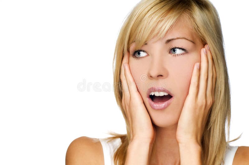 Young blond woman surprised expression close up shoot. Young blond woman surprised expression close up shoot