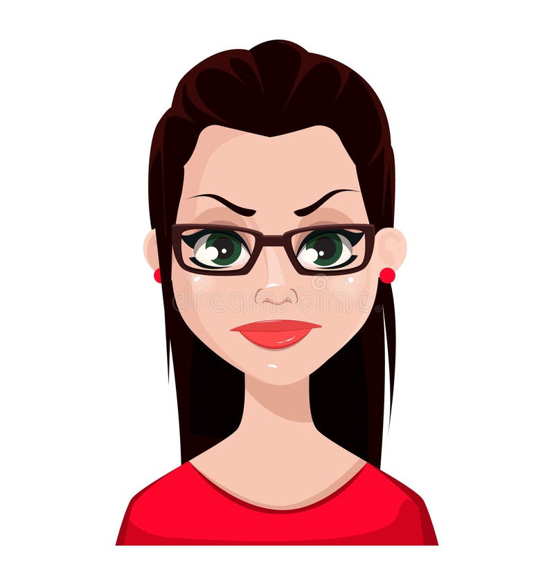 Face expression of beautiful brunette woman in glasses and red blouse. Female emotions. Angry cartoon character. Vector illustration isolated on white background. Face expression of beautiful brunette woman in glasses and red blouse. Female emotions. Angry cartoon character. Vector illustration isolated on white background.