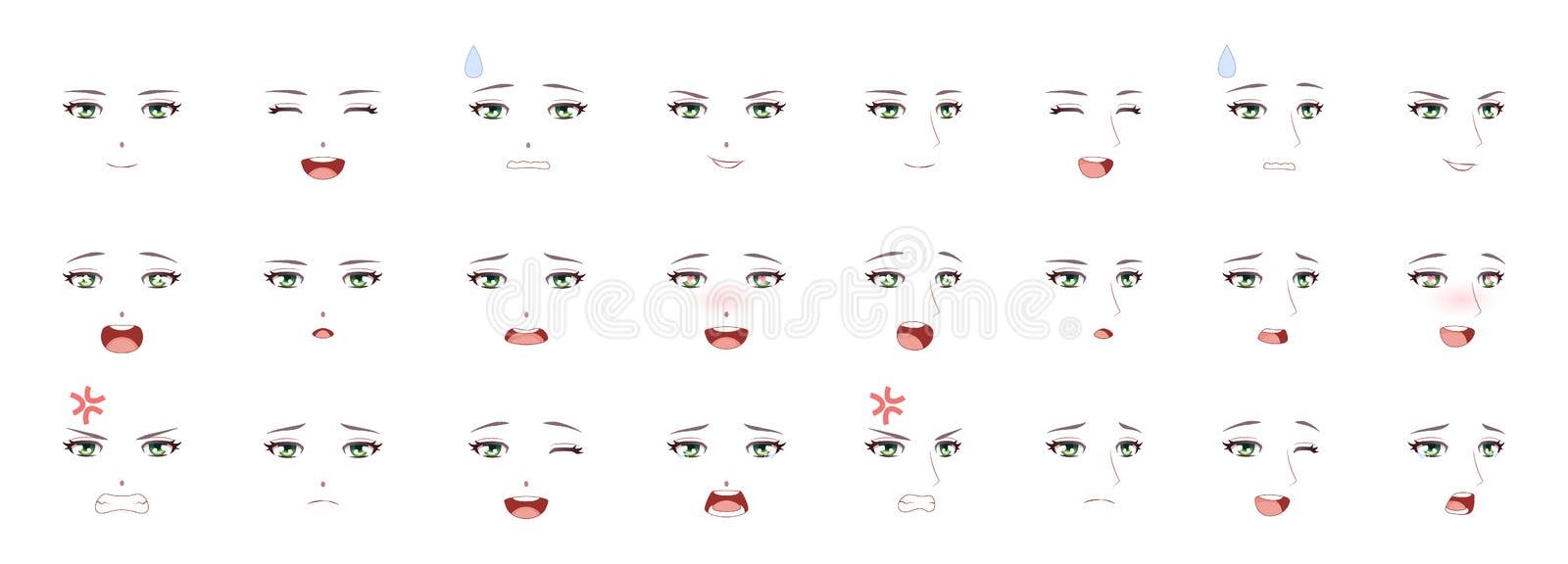 Expressão De Manga Olhos De Menina, Boca, Sobrancelhas Mulheres Caras  Caráter Feminino No Cartoon Japonês Ou Kawaii Coreano Ilustração do Vetor -  Ilustração de felicidade, estilo: 199373707