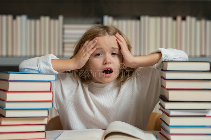Expression School Kid with Piles of Books. Elementary School Boy