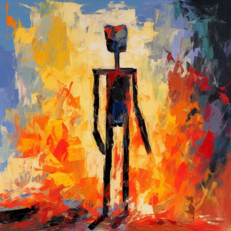 Expressionnisme robotique : un dessin animé coloré représentant une personne au milieu d'un incendie illustration stock