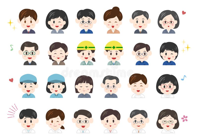 Facial expressions of working people. Smile and happy faces. Vector illustration. People of different age groups. Facial expressions of working people. Smile and happy faces. Vector illustration. People of different age groups.