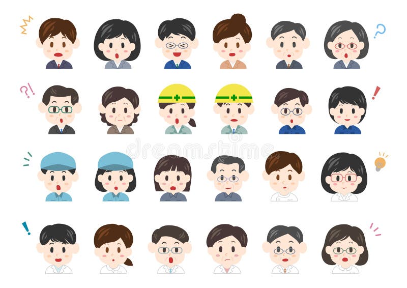 Facial expressions of working people. Surprised face and questioning face. Vector illustration. People of different age groups. Facial expressions of working people. Surprised face and questioning face. Vector illustration. People of different age groups.