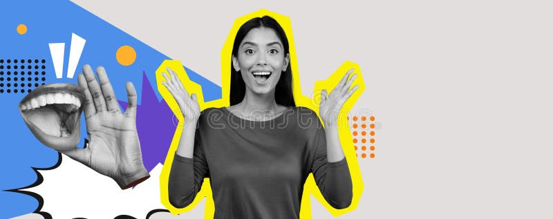 Expressive Collage Showcasing Excitement and Communication in a Vibrant Setting stock images